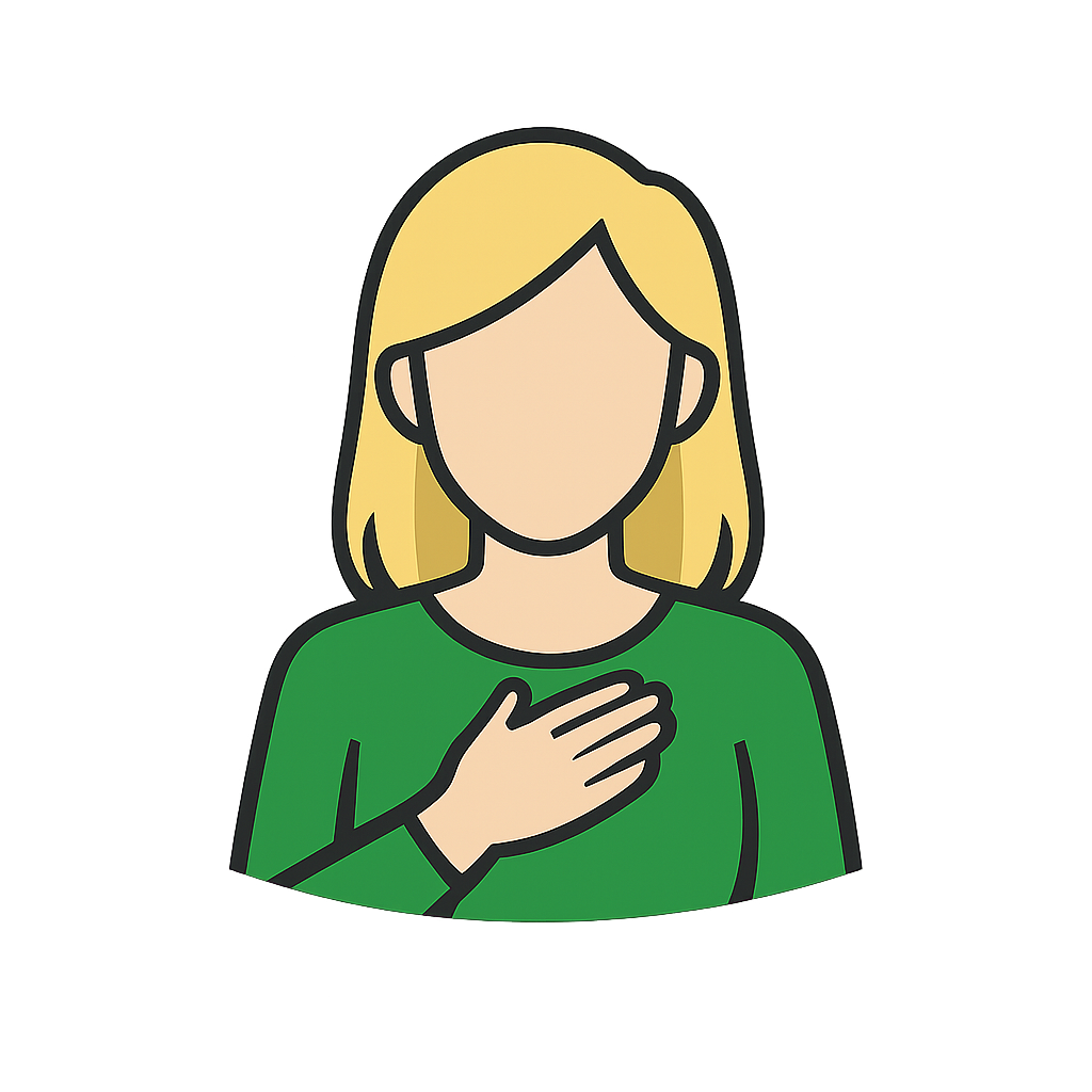 A very simple vector icon female Program Leader person with a hand on her green shirt blonde hair no face no words